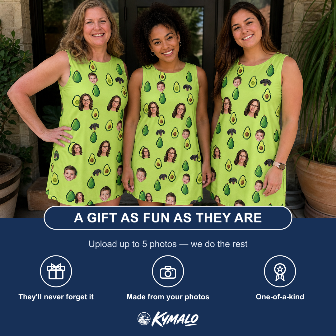 Friends in matching Women's Avo Groove Custom Face Tank Dress — a group gift photo