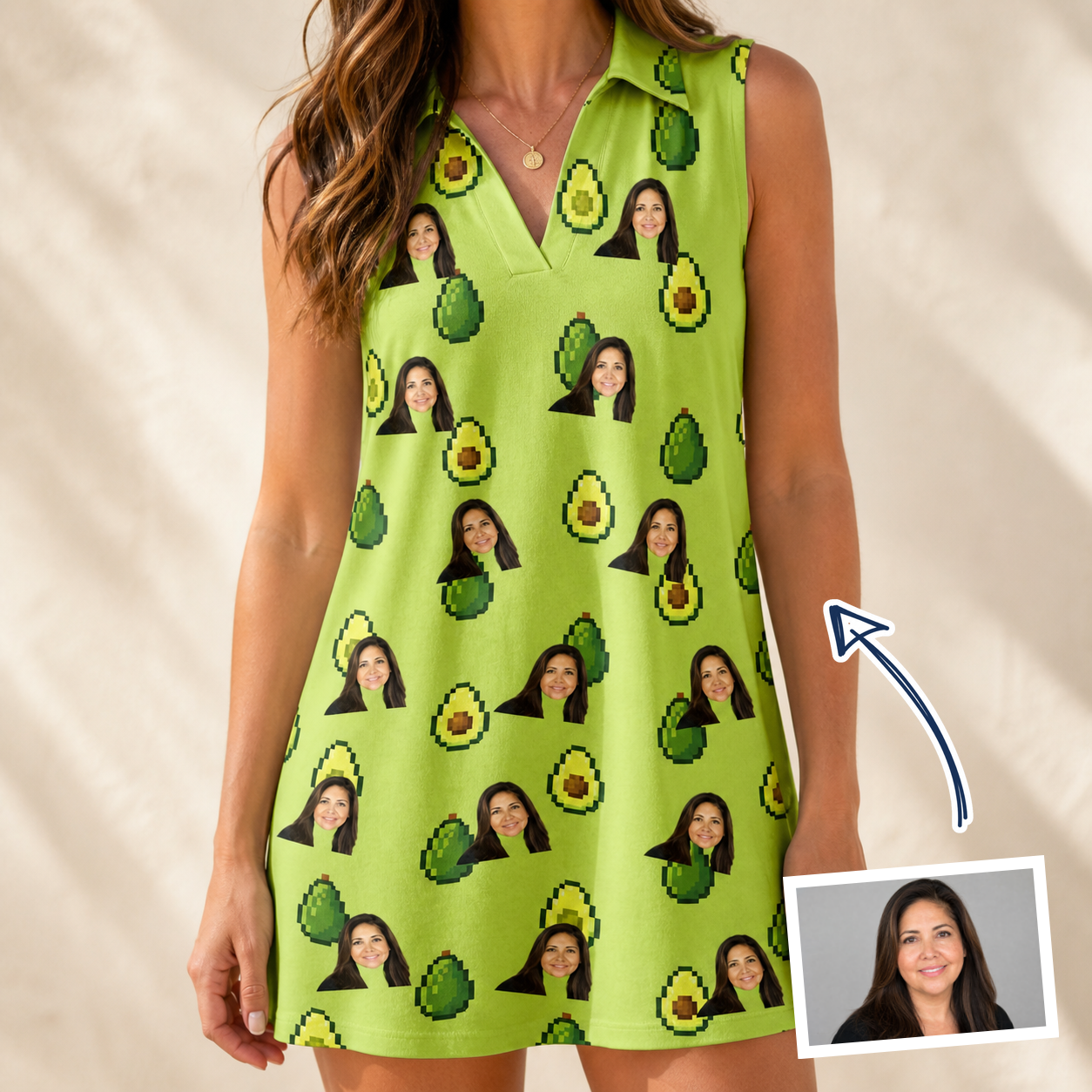 Woman wearing Women's Avo Groove Custom Face V-Neck Dress — custom faces printed all-over