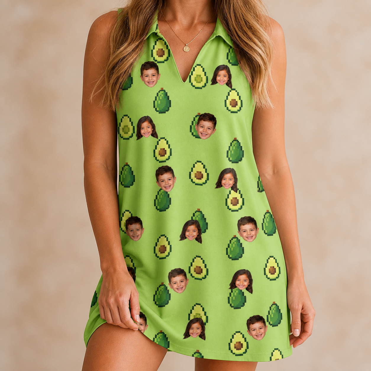 Model wearing Women's Avo Groove Custom Face V-Neck Dress printed with kids' faces