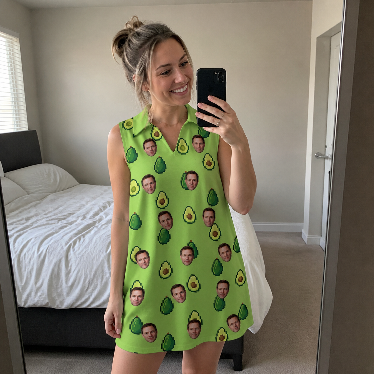 Real-life photo of someone wearing Women's Avo Groove Custom Face V-Neck Dress — custom faces printed all-over