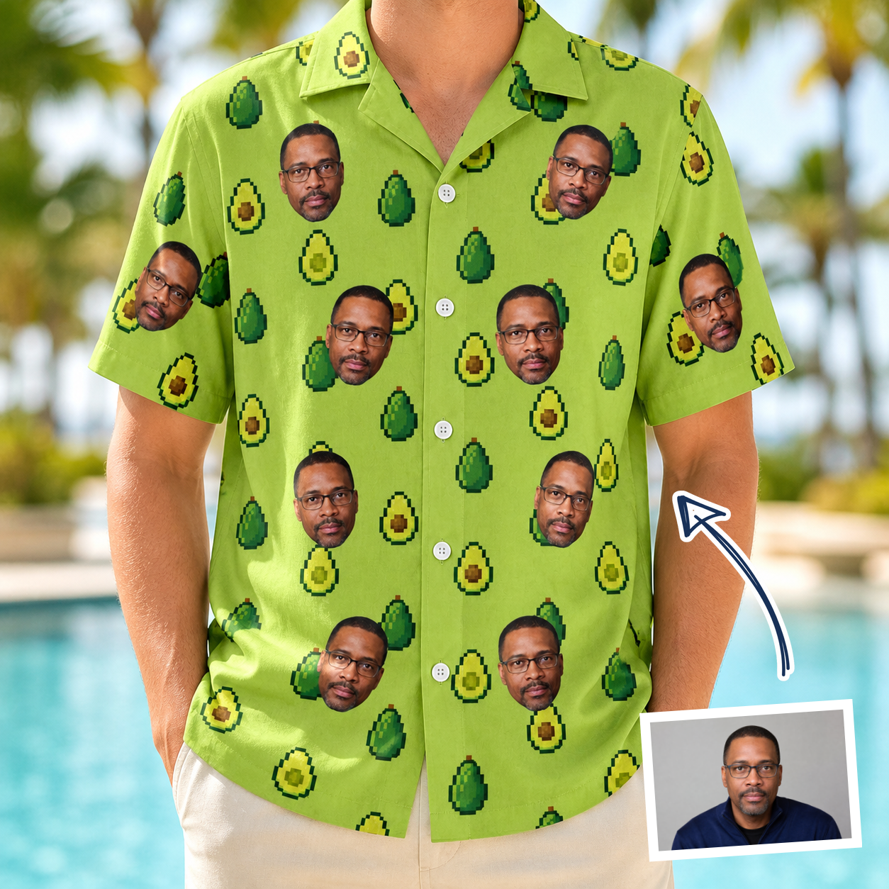 Man wearing Men's Avo Groove Custom Face Hawaiian Shirt — custom faces printed all-over