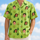 Model wearing Men's Avo Groove Custom Face Hawaiian Shirt printed with kids' faces
