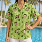 Model wearing Women's Avo Groove Custom Face Hawaiian Shirt printed with kids' faces
