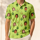 Model wearing Men's Avo Groove Custom Face Polo Shirt printed with kids' faces