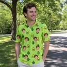 Real-life photo of someone wearing Men's Avo Groove Custom Face Polo Shirt — custom faces printed all-over