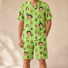 Model wearing Men's Avo Groove Custom Face Shirt & Shorts Set printed with kids' faces