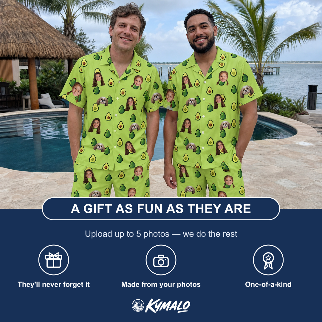 Friends in matching Men's Avo Groove Custom Face Shirt & Shorts Set — a group gift photo