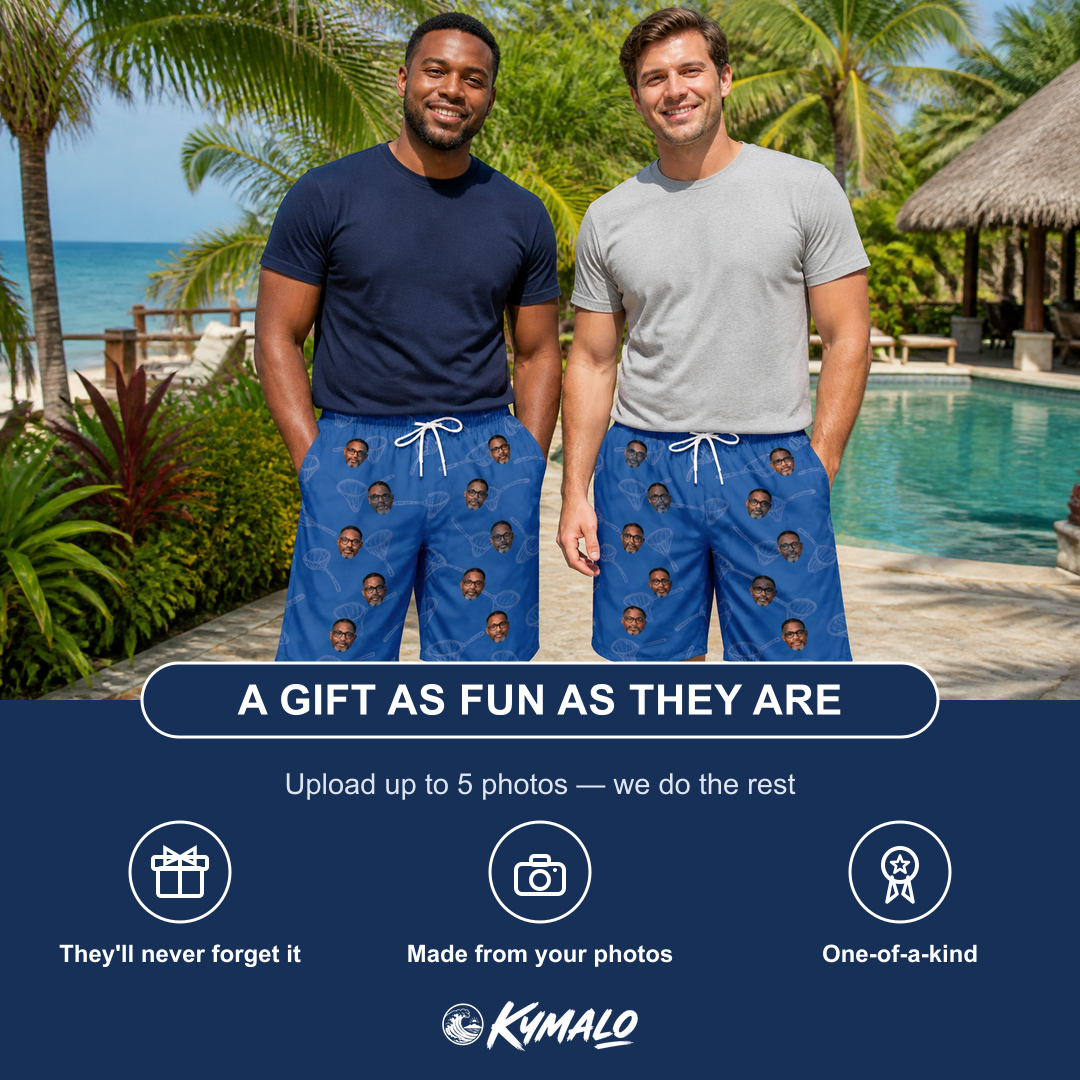 Friends in matching Men's Net Results Custom Face Beach Shorts — a group gift photo