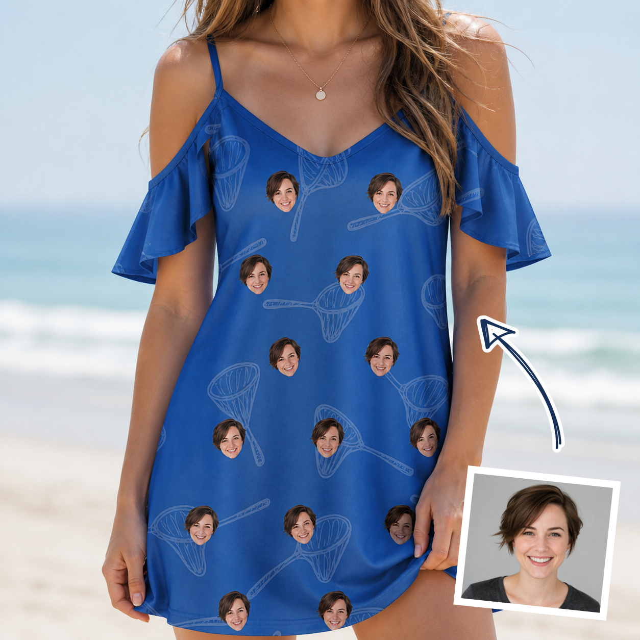 Woman wearing Women's Net Results Custom Face Off-Shoulder Dress — custom faces printed all-over