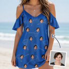 Woman wearing Women's Net Results Custom Face Off-Shoulder Dress — custom faces printed all-over
