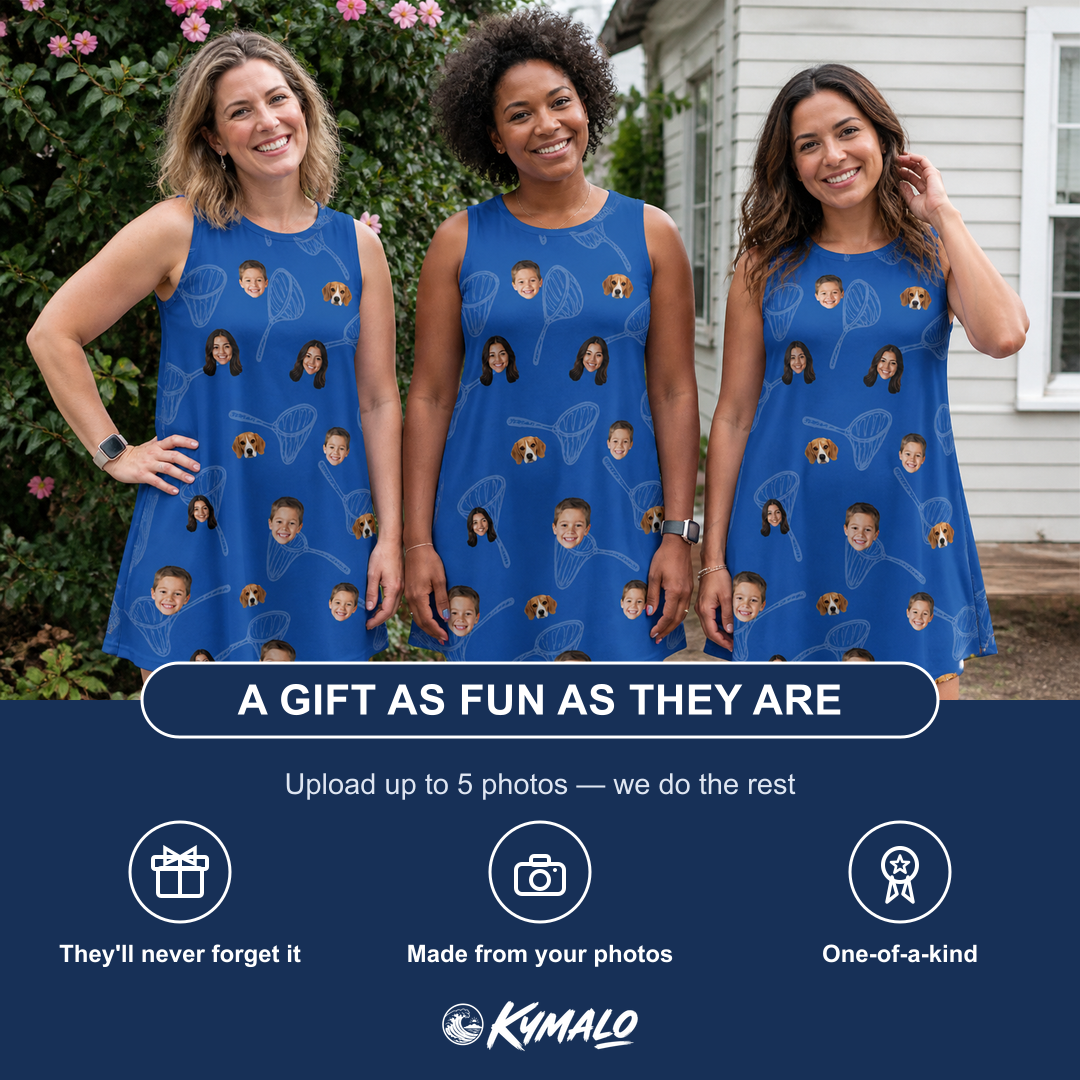 Friends in matching Women's Net Results Custom Face Tank Dress — a group gift photo