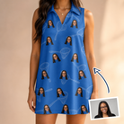Woman wearing Women's Net Results Custom Face V-Neck Dress — custom faces printed all-over