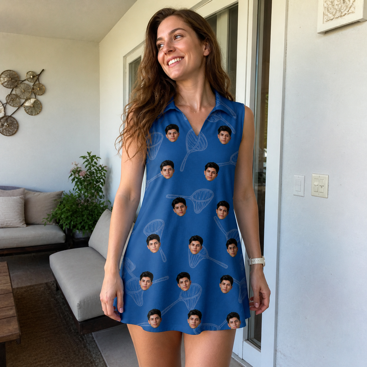 Real-life photo of someone wearing Women's Net Results Custom Face V-Neck Dress — custom faces printed all-over