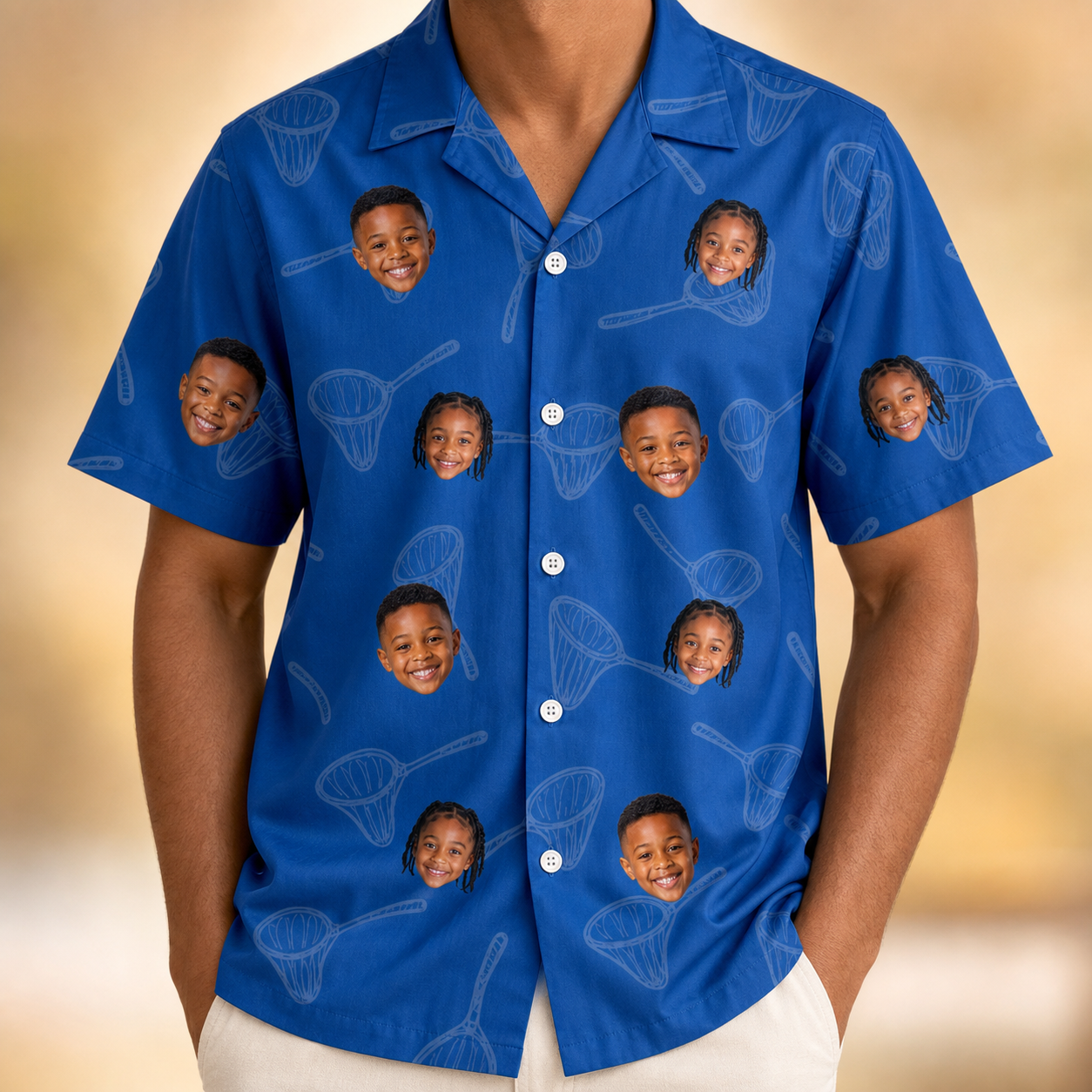Model wearing Men's Net Results Custom Face Hawaiian Shirt printed with kids' faces