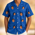 Model wearing Men's Net Results Custom Face Hawaiian Shirt printed with kids' faces