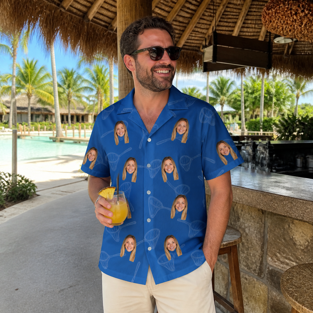 Real-life photo of someone wearing Men's Net Results Custom Face Hawaiian Shirt — custom faces printed all-over