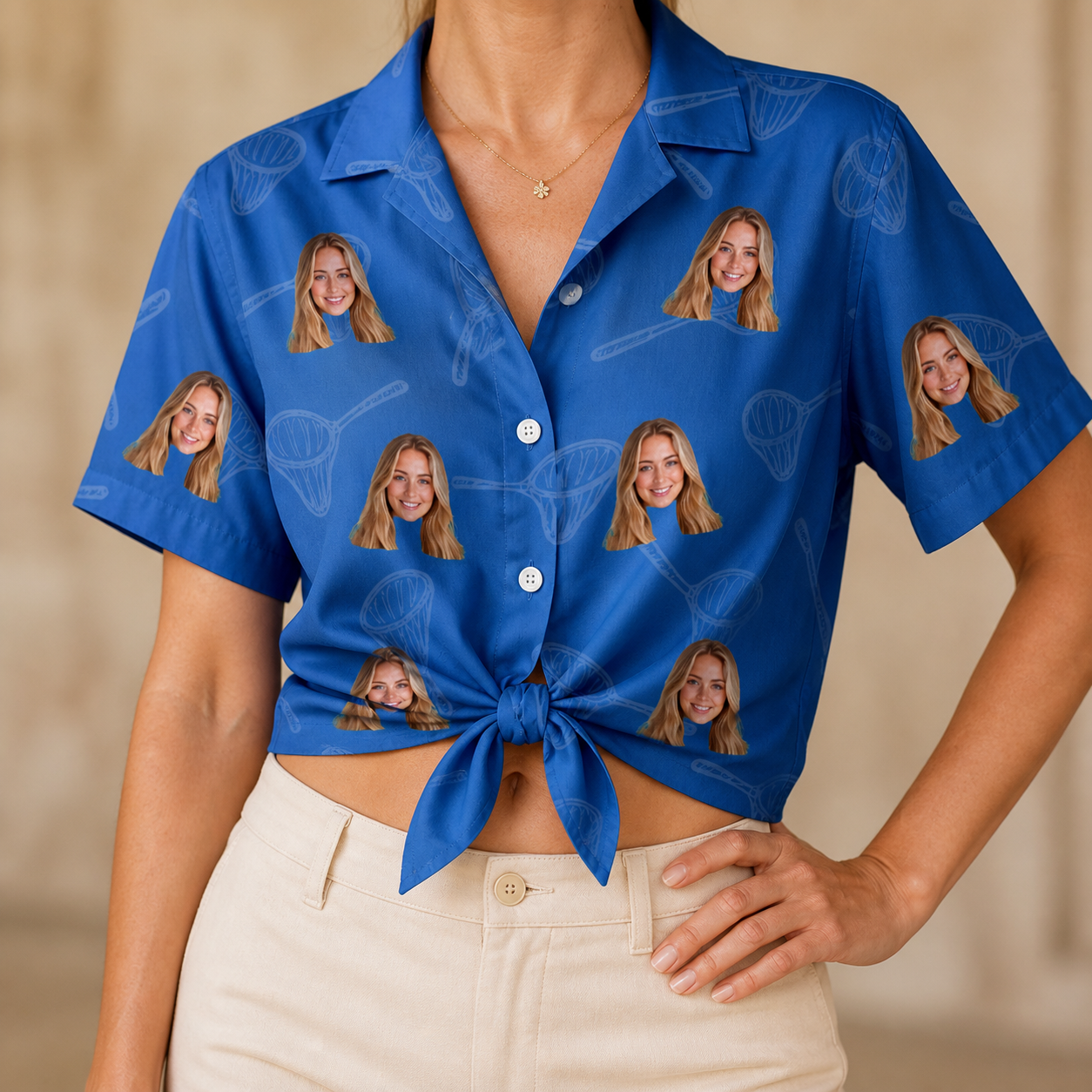 Woman wearing Women's Net Results Custom Face Hawaiian Shirt tied at the waist