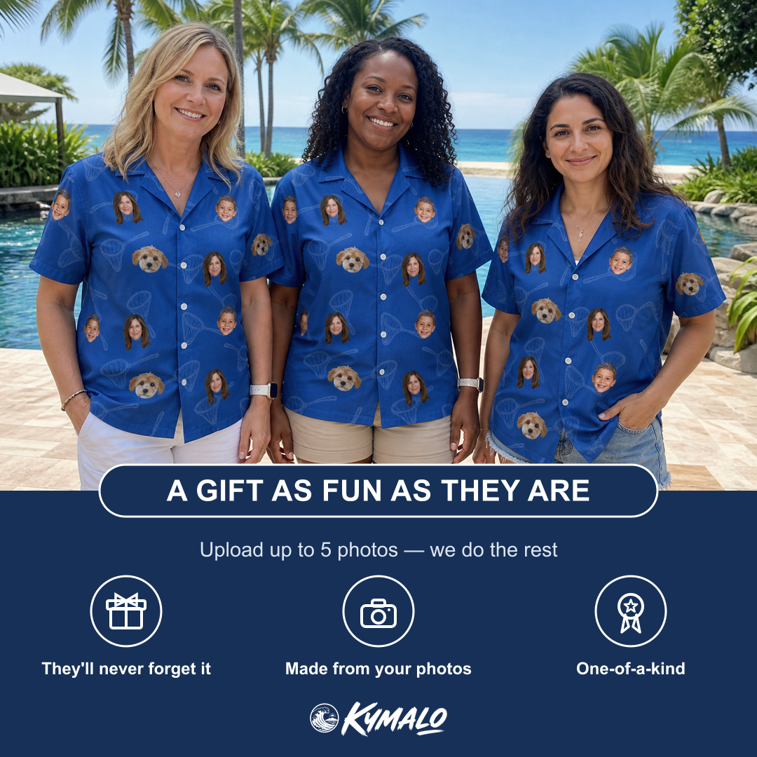 Friends in matching Women's Net Results Custom Face Hawaiian Shirt — a group gift photo
