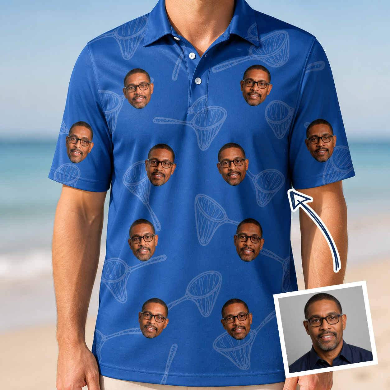 Man wearing Men's Net Results Custom Face Polo Shirt — custom faces printed all-over