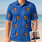 Man wearing Men's Net Results Custom Face Polo Shirt — custom faces printed all-over