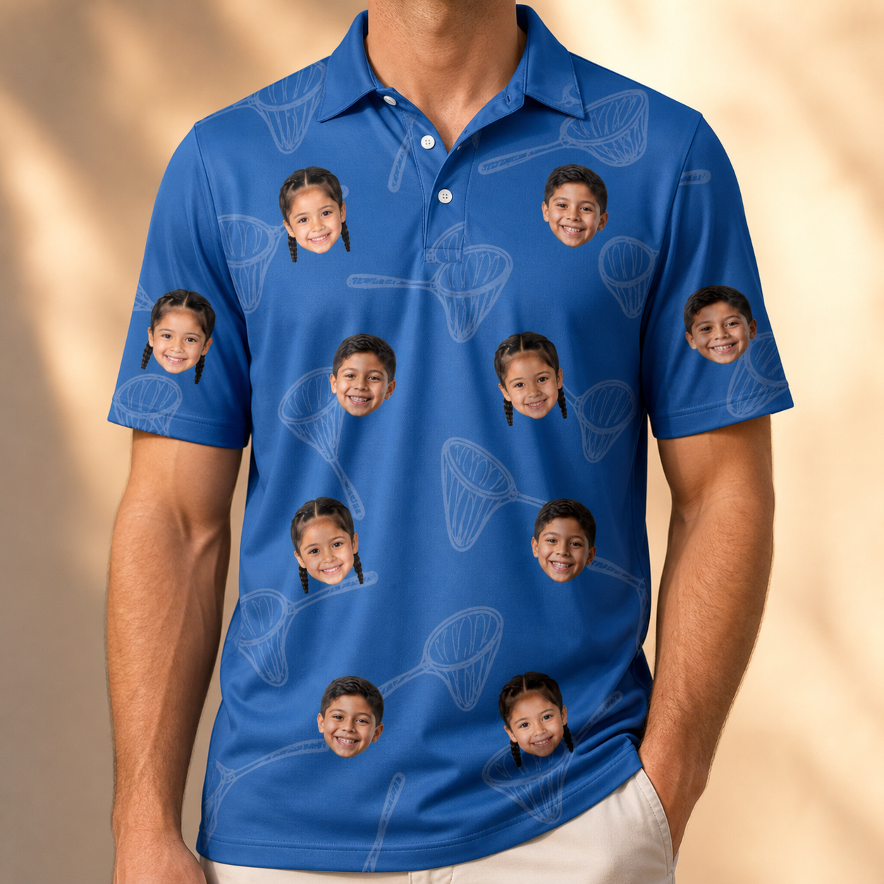Model wearing Men's Net Results Custom Face Polo Shirt printed with kids' faces