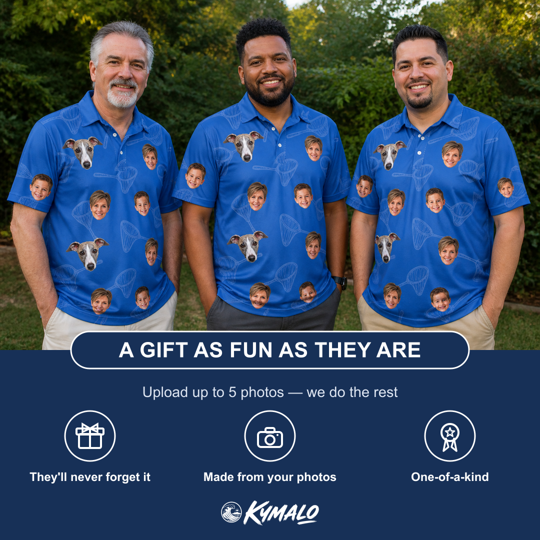 Friends in matching Men's Net Results Custom Face Polo Shirt — a group gift photo