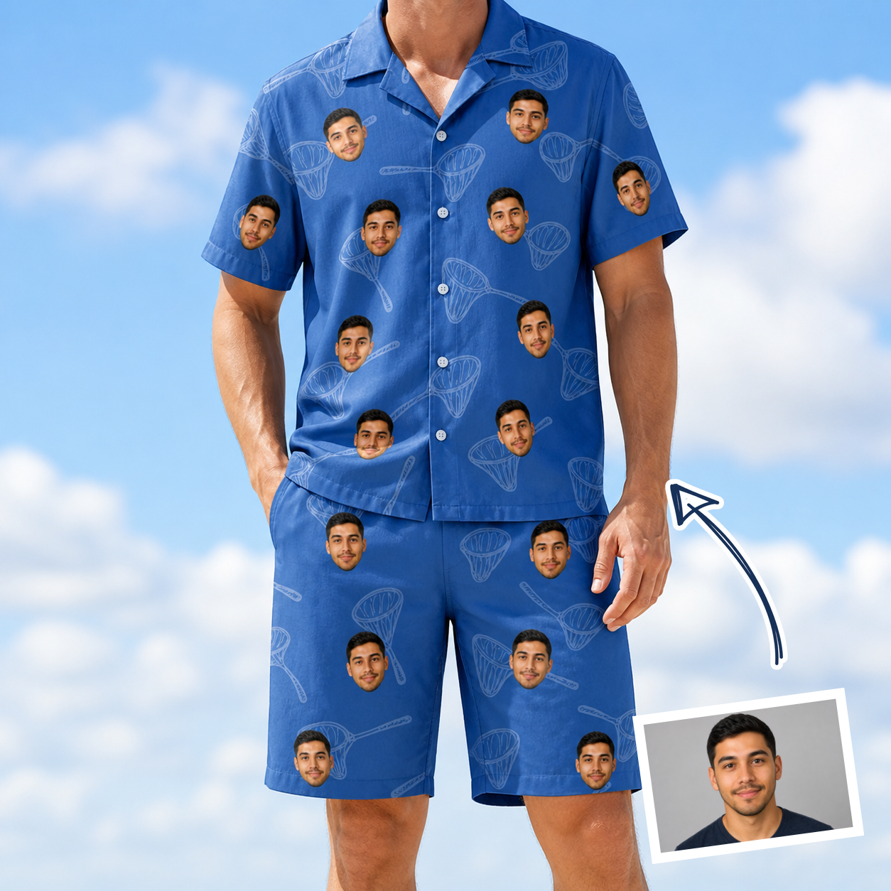 Man wearing Men's Net Results Custom Face Shirt & Shorts Set — custom faces printed all-over