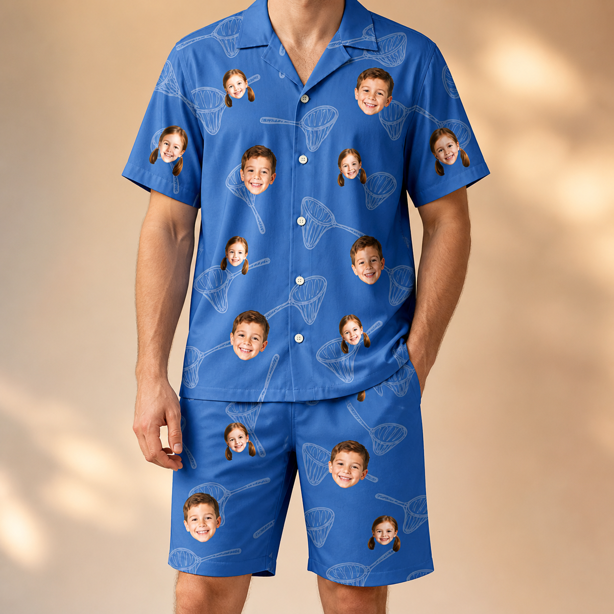 Model wearing Men's Net Results Custom Face Shirt & Shorts Set printed with kids' faces