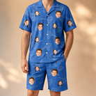 Model wearing Men's Net Results Custom Face Shirt & Shorts Set printed with kids' faces