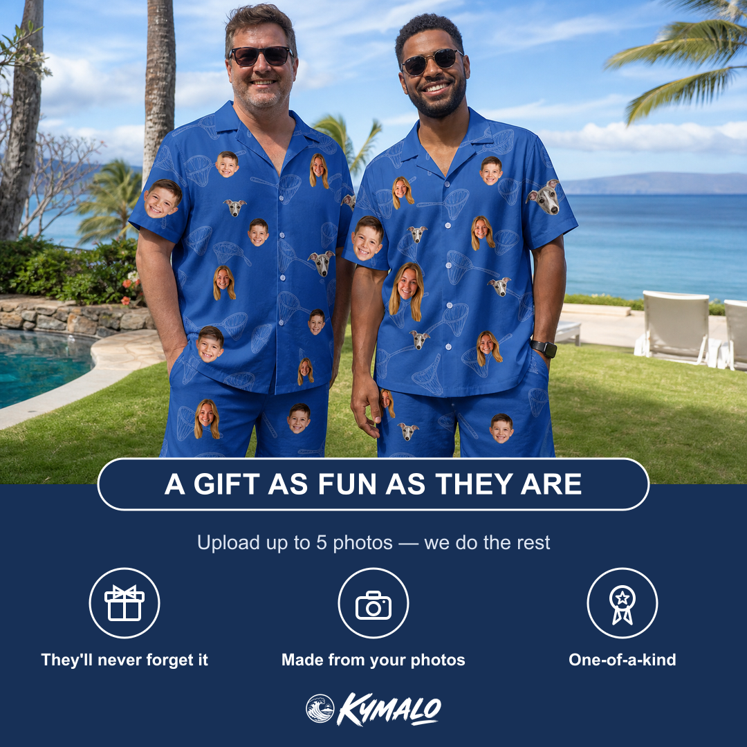 Friends in matching Men's Net Results Custom Face Shirt & Shorts Set — a group gift photo