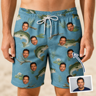 Man wearing Men's Pond Prowlers Custom Face Beach Shorts — custom faces printed all-over