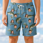 Model wearing Men's Pond Prowlers Custom Face Beach Shorts printed with kids' faces