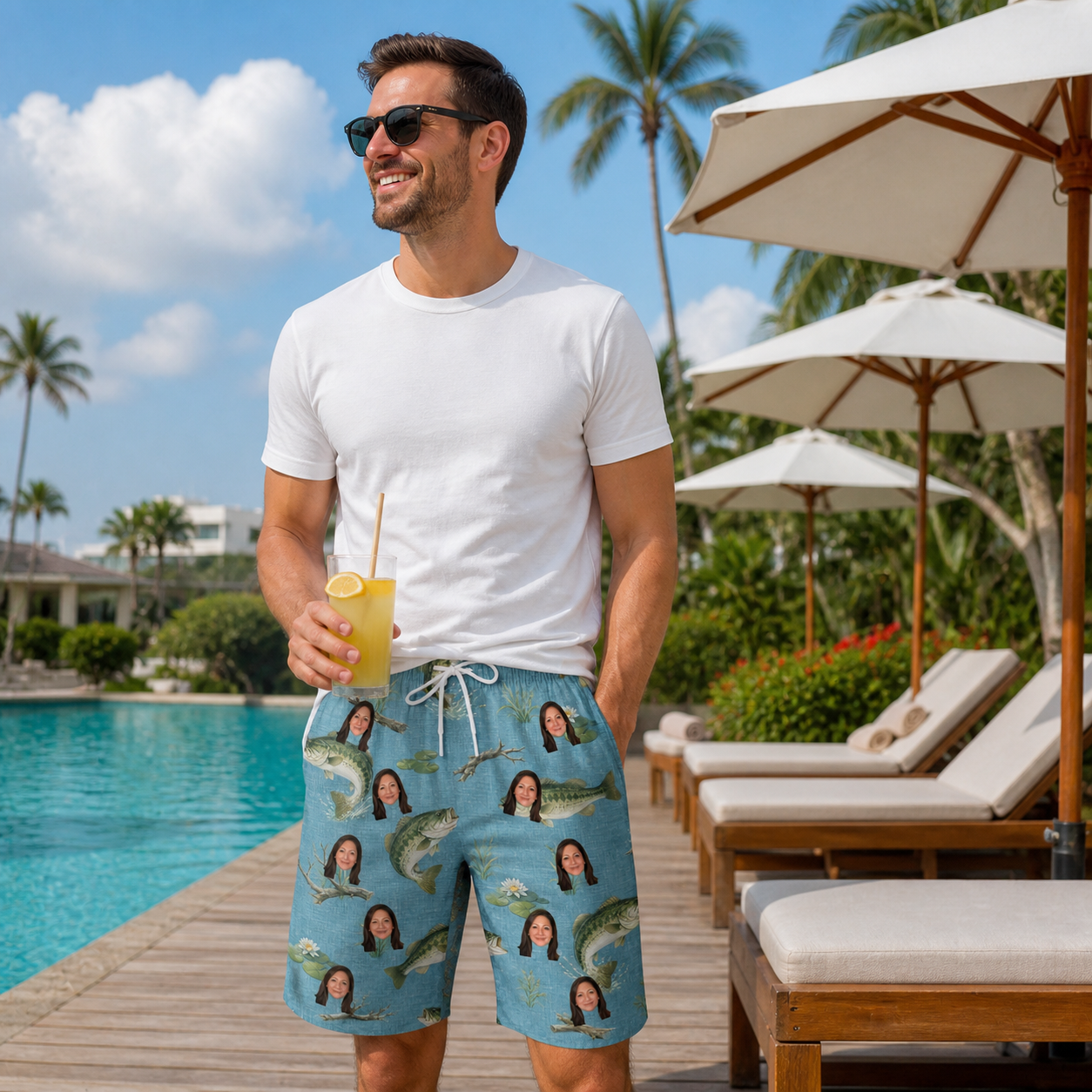 Real-life photo of someone wearing Men's Pond Prowlers Custom Face Beach Shorts — custom faces printed all-over