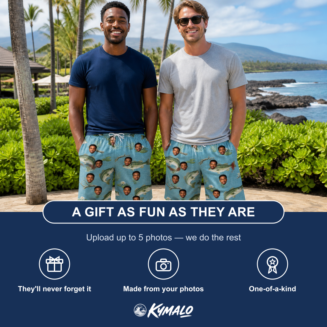 Friends in matching Men's Pond Prowlers Custom Face Beach Shorts — a group gift photo