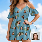 Woman wearing Women's Pond Prowlers Custom Face Off-Shoulder Dress — custom faces printed all-over