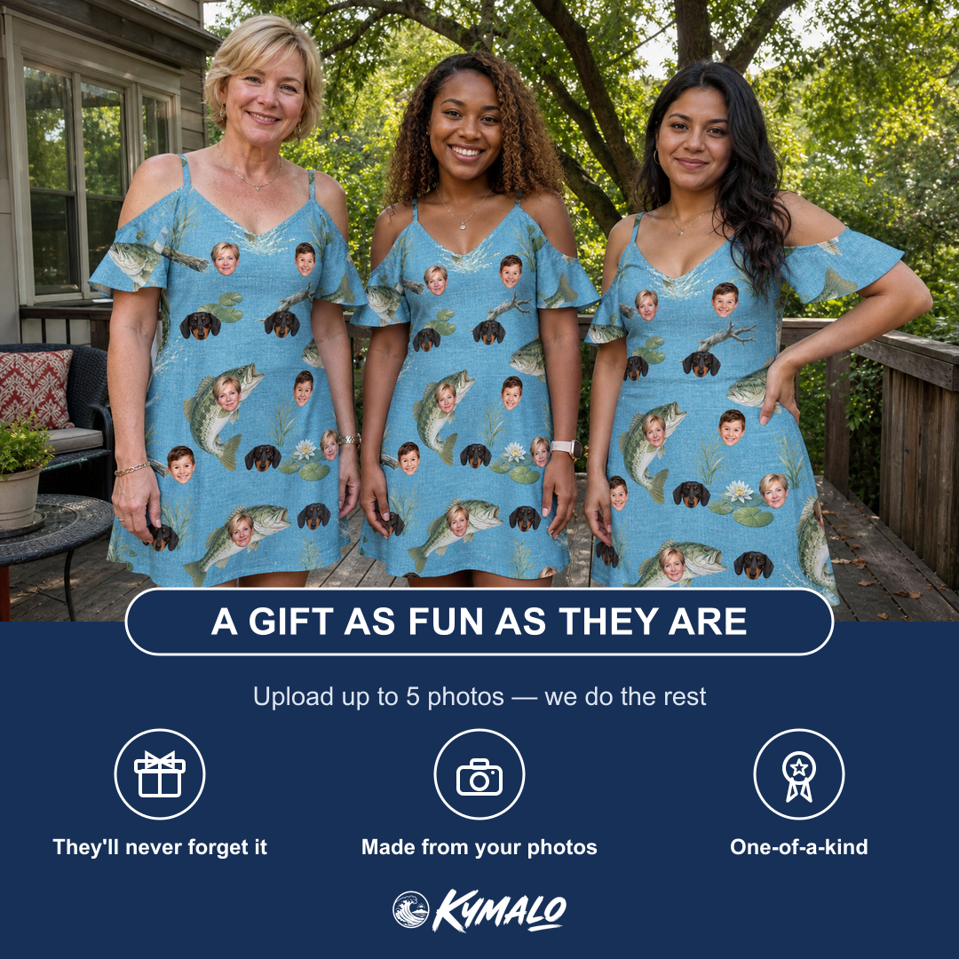 Friends in matching Women's Pond Prowlers Custom Face Off-Shoulder Dress — a group gift photo