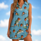 Model wearing Women's Pond Prowlers Custom Face V-Neck Dress printed with kids' faces