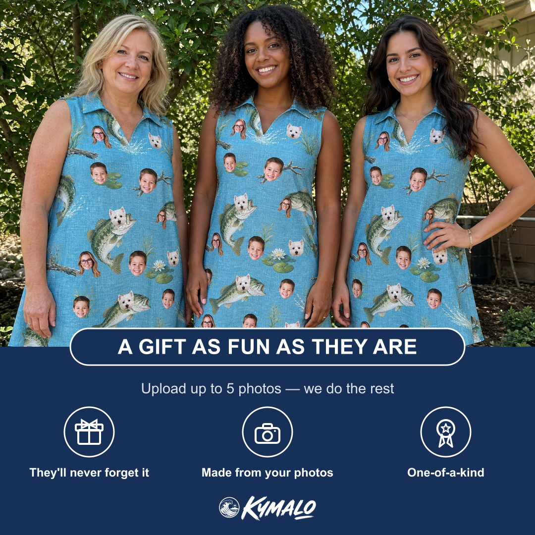 Friends in matching Women's Pond Prowlers Custom Face V-Neck Dress — a group gift photo