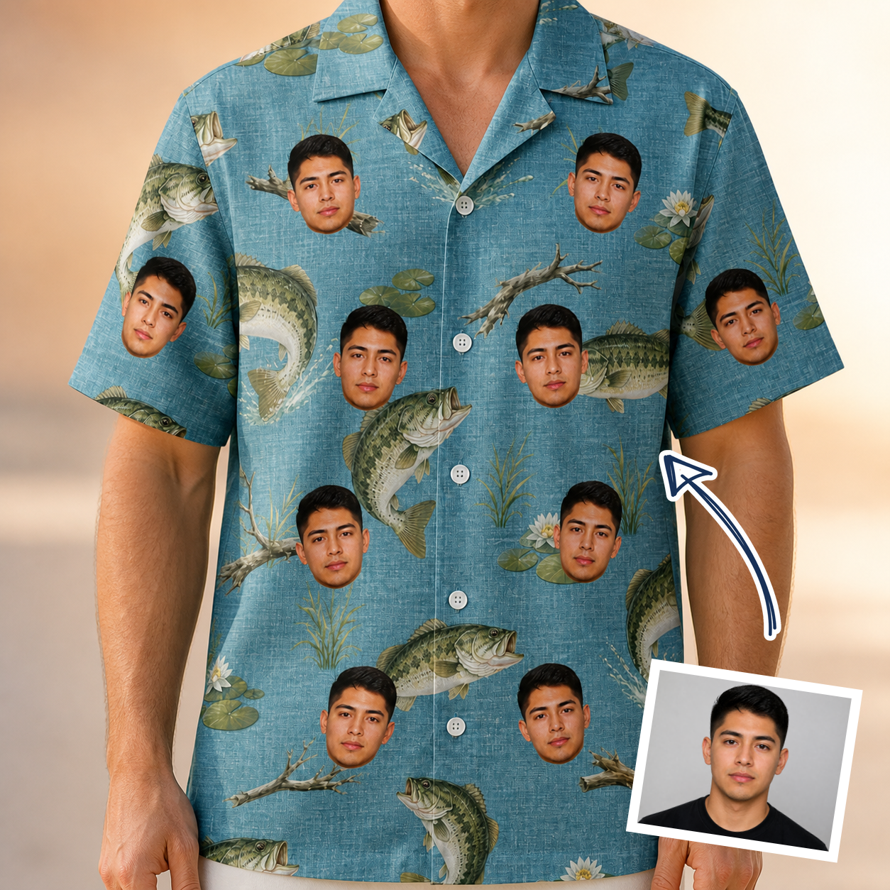 Man wearing Men's Pond Prowlers Custom Face Hawaiian Shirt — custom faces printed all-over