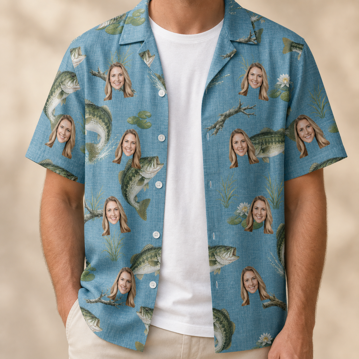 Man wearing Men's Pond Prowlers Custom Face Hawaiian Shirt open over a white tee
