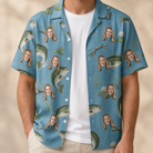 Man wearing Men's Pond Prowlers Custom Face Hawaiian Shirt open over a white tee