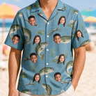 Model wearing Men's Pond Prowlers Custom Face Hawaiian Shirt printed with kids' faces