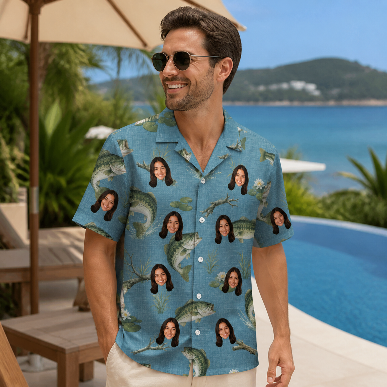 Real-life photo of someone wearing Men's Pond Prowlers Custom Face Hawaiian Shirt — custom faces printed all-over