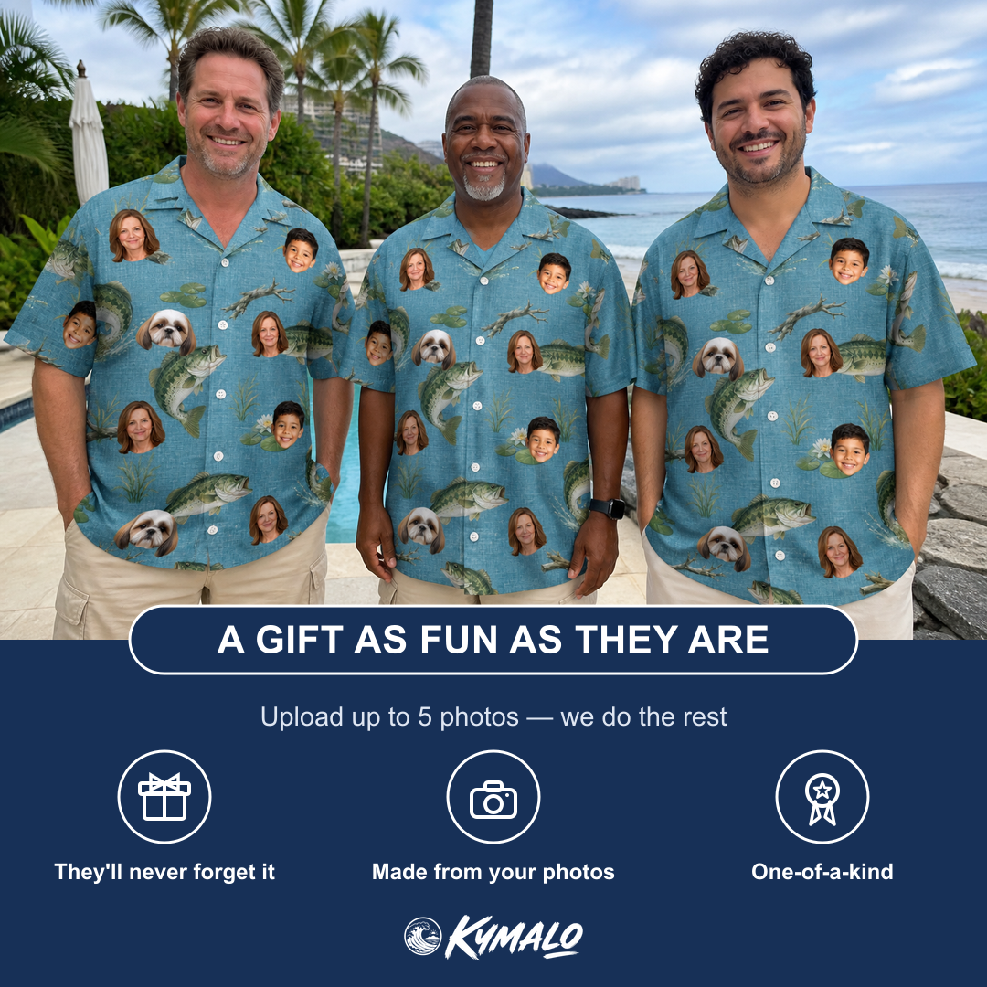 Friends in matching Men's Pond Prowlers Custom Face Hawaiian Shirt — a group gift photo