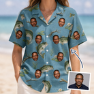 Woman wearing Women's Pond Prowlers Custom Face Hawaiian Shirt — custom faces printed all-over