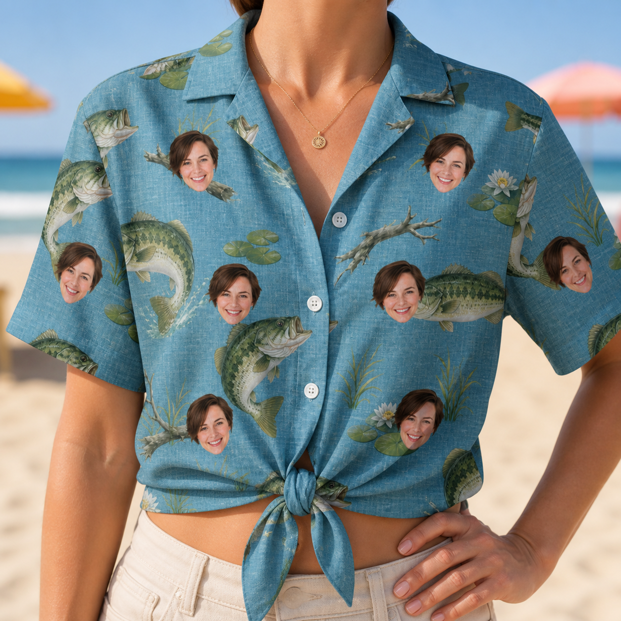Woman wearing Women's Pond Prowlers Custom Face Hawaiian Shirt tied at the waist