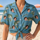 Woman wearing Women's Pond Prowlers Custom Face Hawaiian Shirt tied at the waist