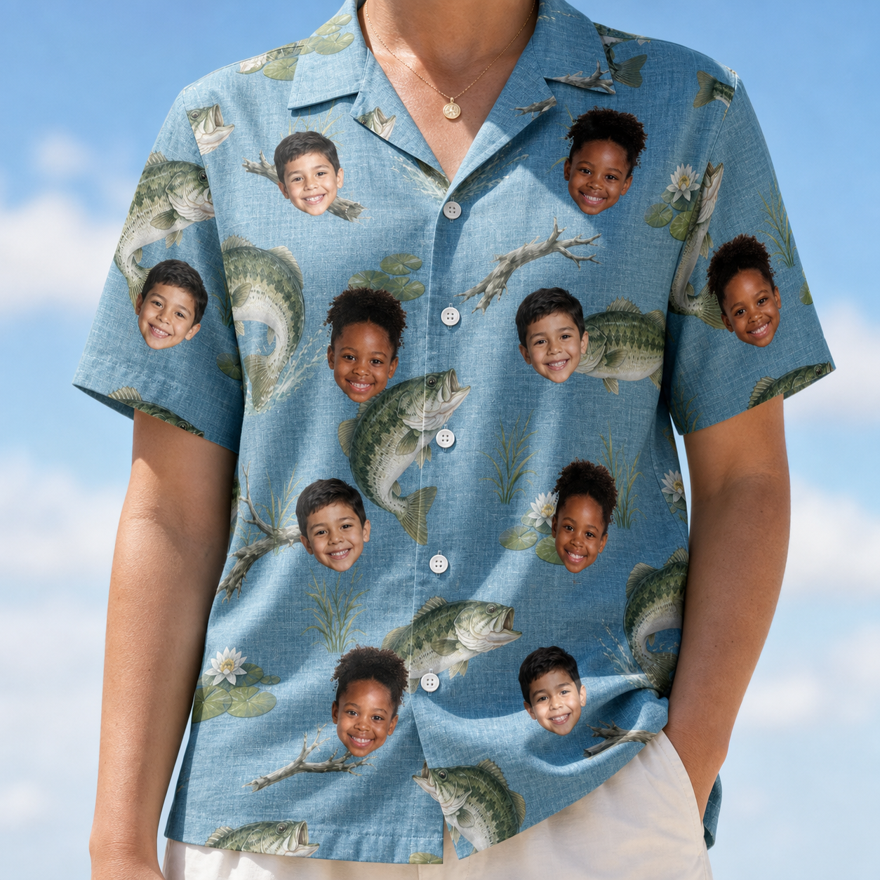 Model wearing Women's Pond Prowlers Custom Face Hawaiian Shirt printed with kids' faces