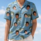 Model wearing Women's Pond Prowlers Custom Face Hawaiian Shirt printed with kids' faces