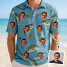 Man wearing Men's Pond Prowlers Custom Face Polo Shirt — custom faces printed all-over